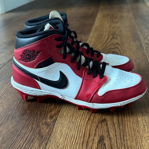 Nike Air Jordan 1 Mid TD Black, Red, and White Football Cleats - Picture 1 of 9